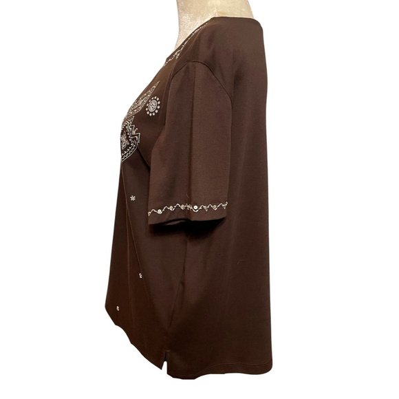 Alfred Dunner Shirt Womens Large Brown Sequin Embellished Crewneck Top Short Sle - Picture 7 of 9